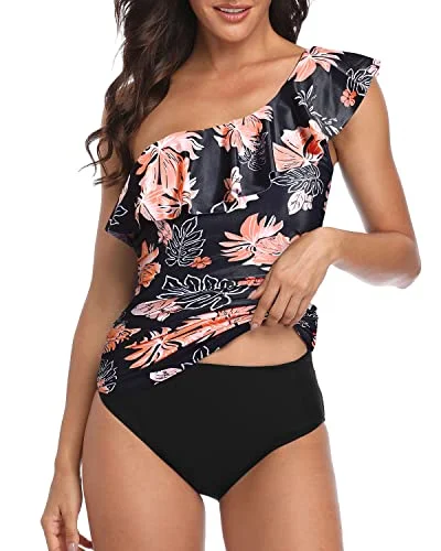 Best Tummy Control Swimwear One Shoulder Tankini-Black Orange Floral