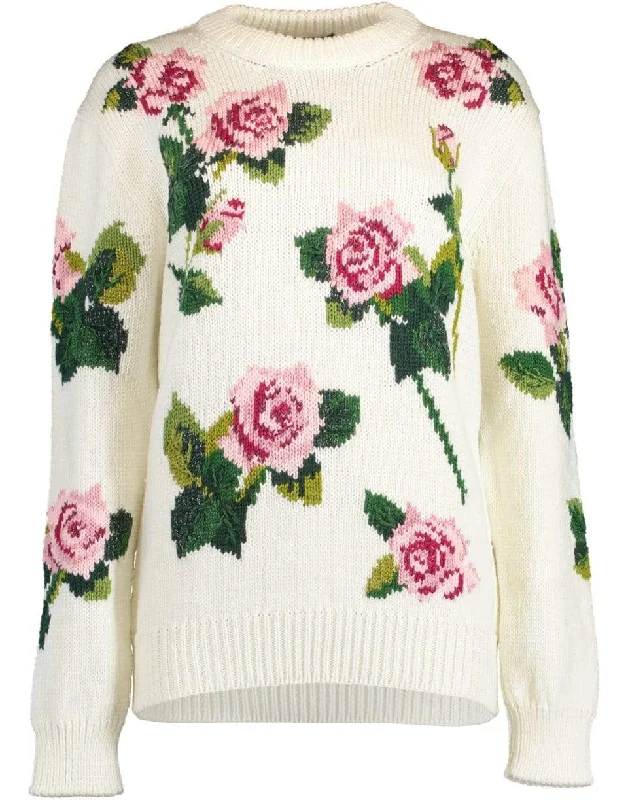 White Rose Intarsia Crewneck Pullover