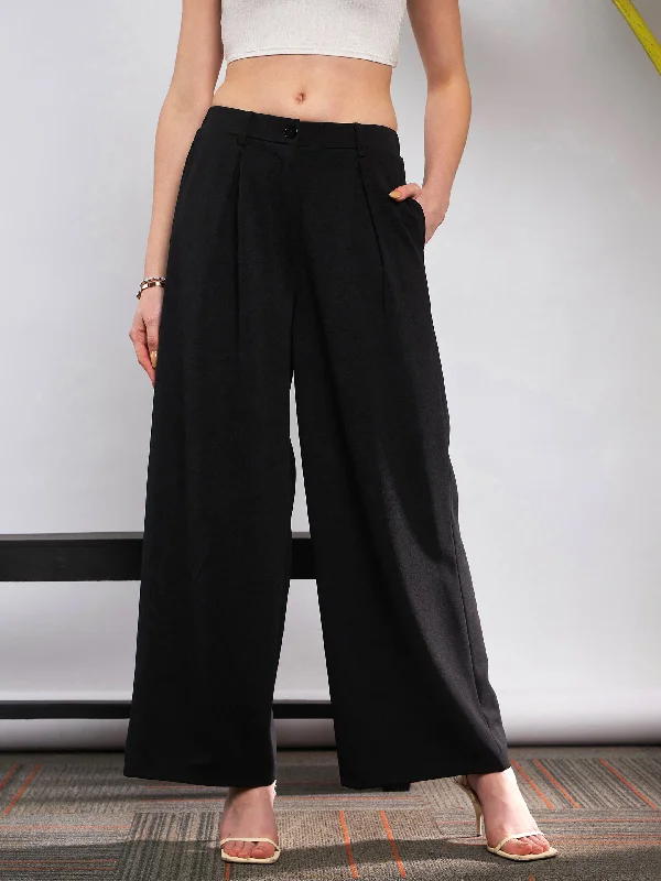 Women Black Front Pleated Loose Fit Korean Pants