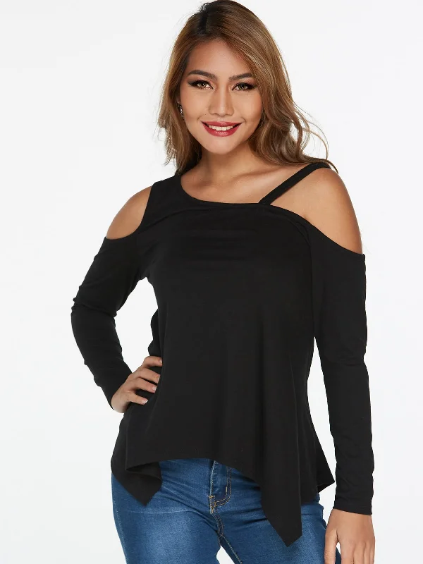 Custom Asymmetrical Cold Shoulder Cut Out Long Sleeve Irregular Hem Black T-Shirts