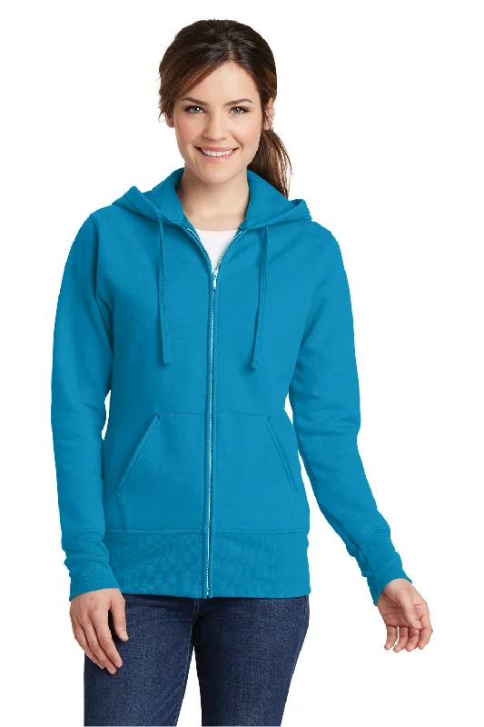 Port & Company Womens Core Pill Resistant Fleece Full Zip Hooded Sweatshirt Hoodie w/ Pockets - Neon Blue