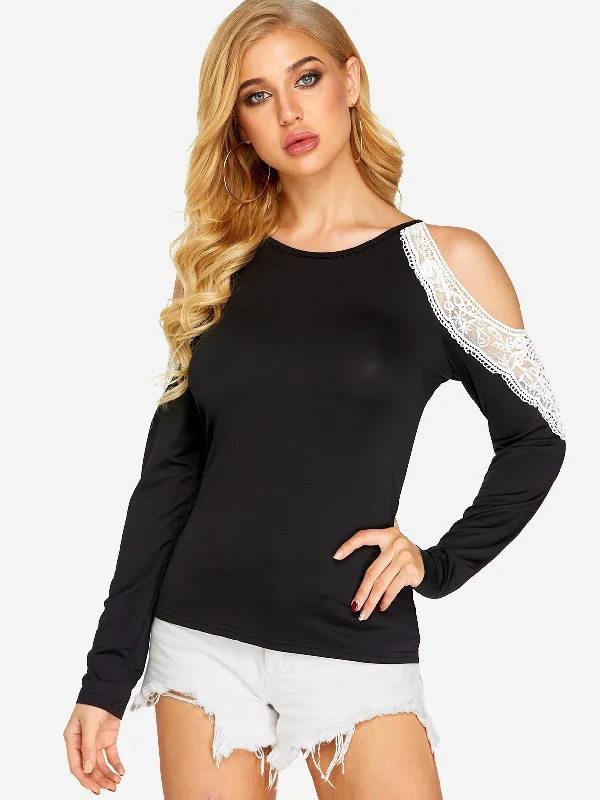 Custom Cold Shoulder Lace Long Sleeve Black Tee