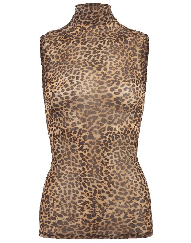 Sleeveless Leopard Print Mesh Turtleneck