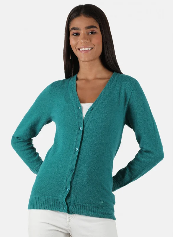 Women Sea Green Solid Cardigan