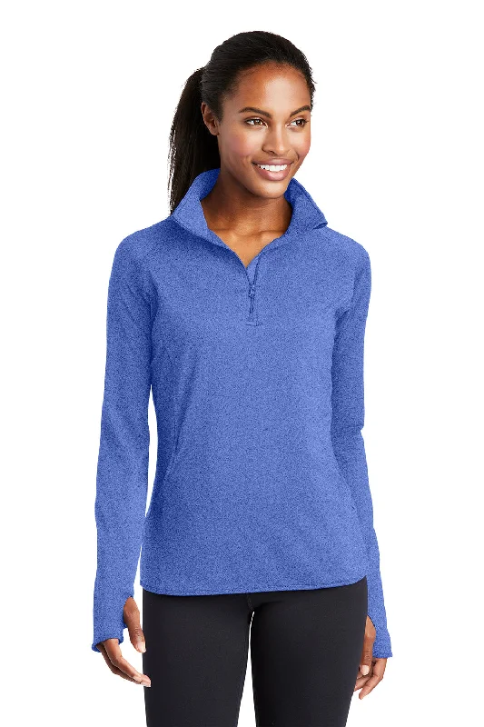 Sport-Tek Womens Sport-Wick Moisture Wicking 1/4 Zip Sweatshirt w/ Pouch Pocket - Heather True Royal Blue