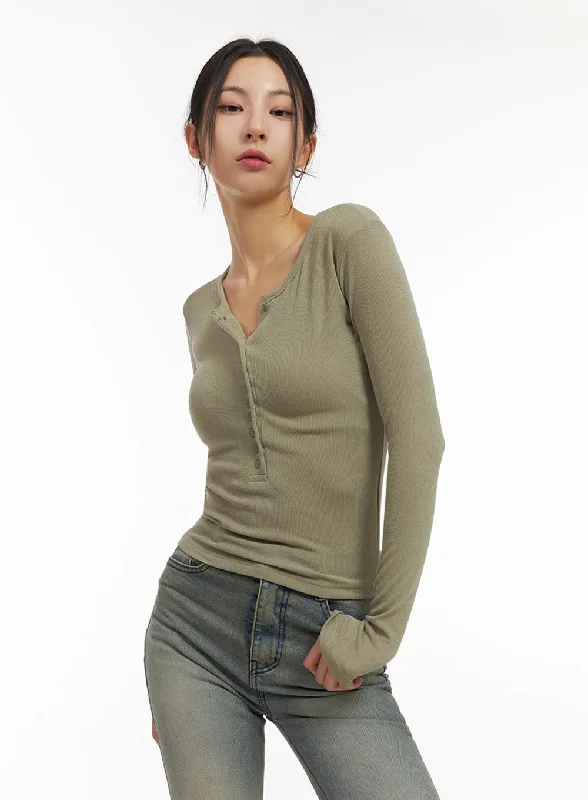 Buttoned Slim-Fit Long Sleeve Top IJ503