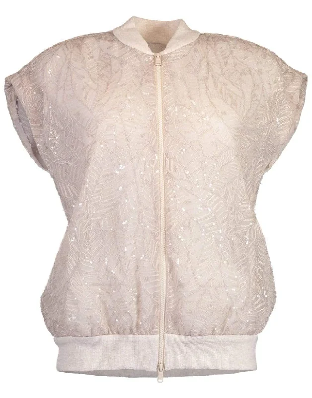 Leaf Motif Embroidered Paillette Zip Up Top