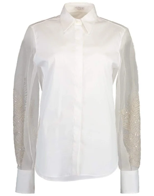 Cotton Poplin Leaf Embroidered Shirt