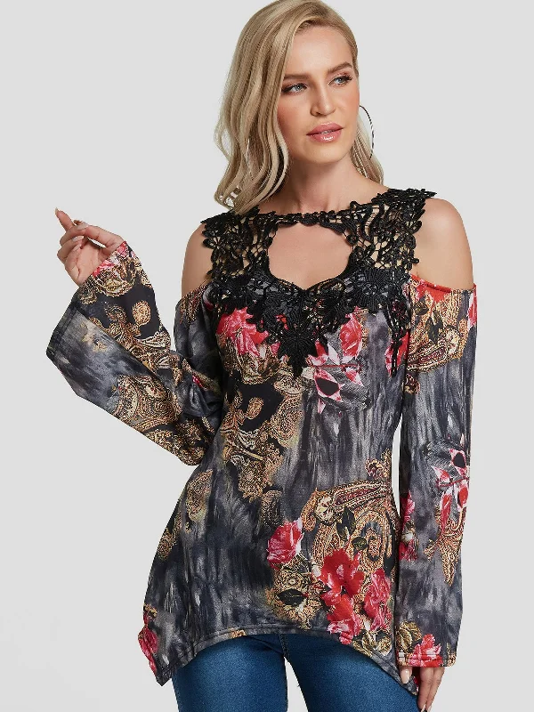 Custom Cold Shoulder Floral Print Lace Cut Out Long Sleeve Black T-Shirts