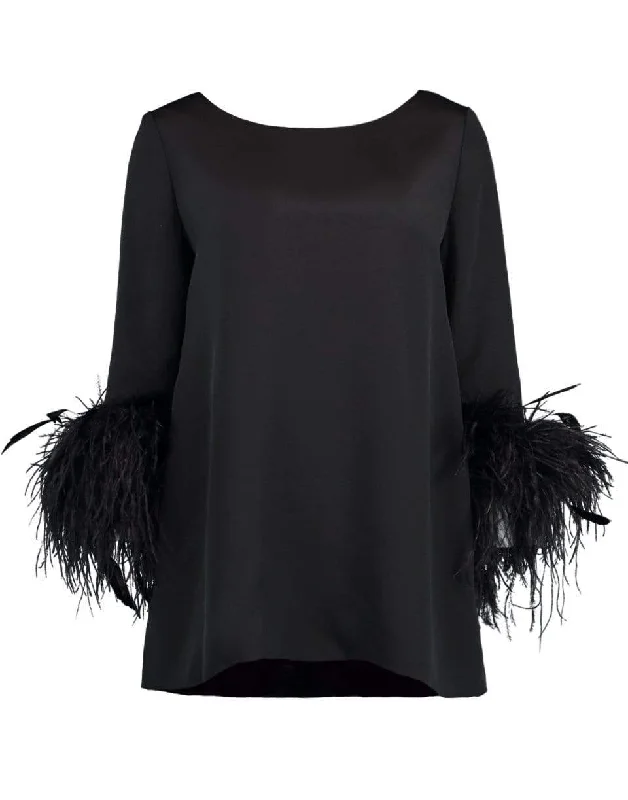 Black Feather Cuff Boat Neck Top