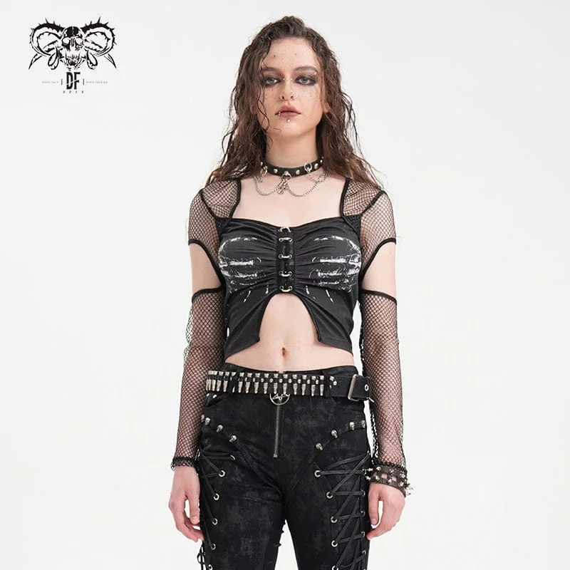 Women's Punk Cut-out Mesh Long Sleeve Crop Top