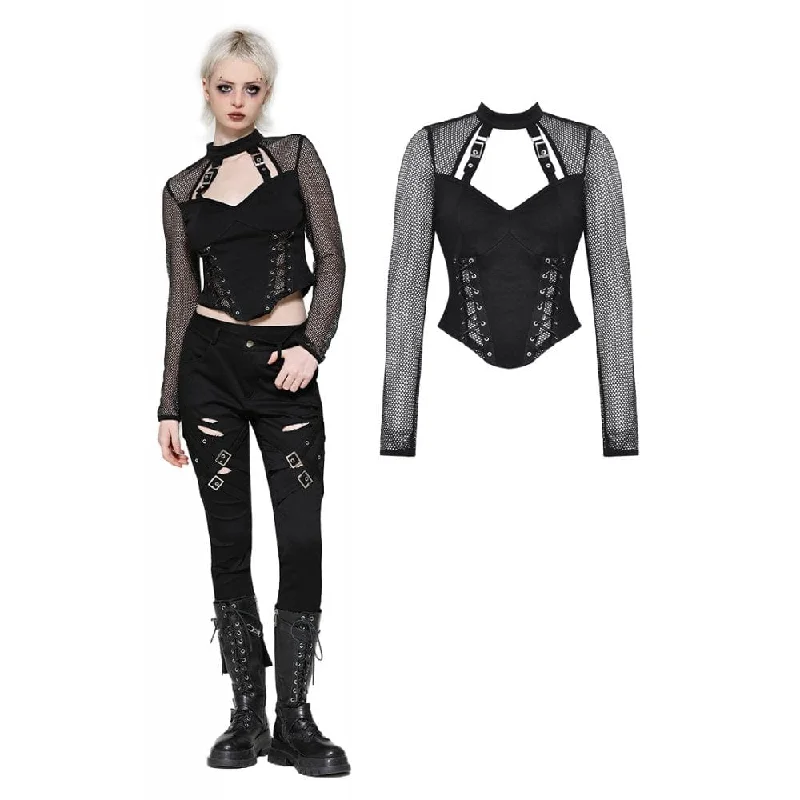 Women's Punk Cut-out Mesh Long Sleeved Blouse