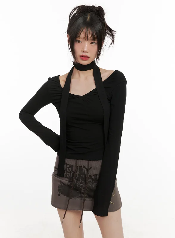 Shirred V-Neck Long-Sleeve Top with Scarf CJ502