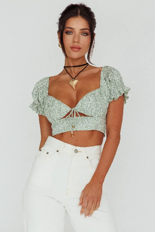 Sweet Romance Sweetheart Neckline Crop Top Floral Sage