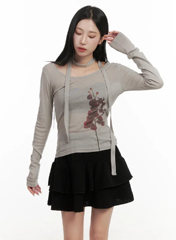 Sheer Graphic Flower Top & Scarf CD404