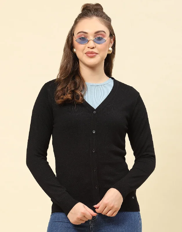 Women Black Solid V Neck Full Sleeve Cardigan