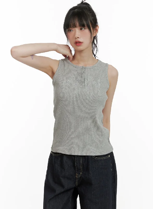 Graphic Mid Buttoned Cotton Tank Top CU410