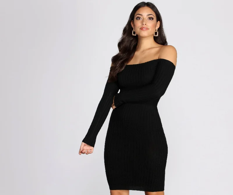 Ribbed Off Shoulder Sweater Dress