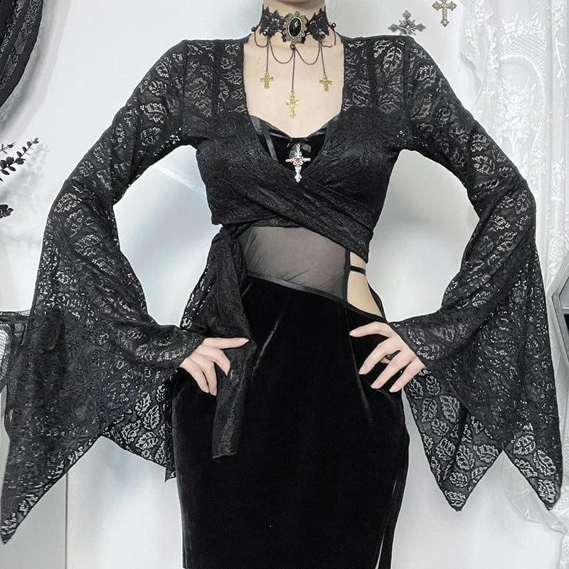 Women's Gothic Plunging Flared Sleeved Crop Top