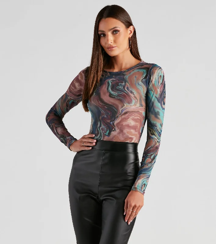 Artistic Swirls Mesh Crew Bodysuit