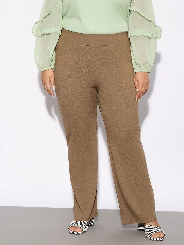 Women Beige Front Seam Straight Pants