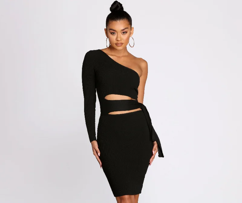 One Of A Kind One Shoulder Knit Midi Dress