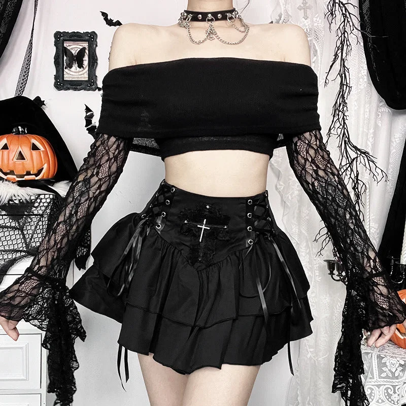 Womens Punk Off-the-shoulder Lace Splice Crop Top