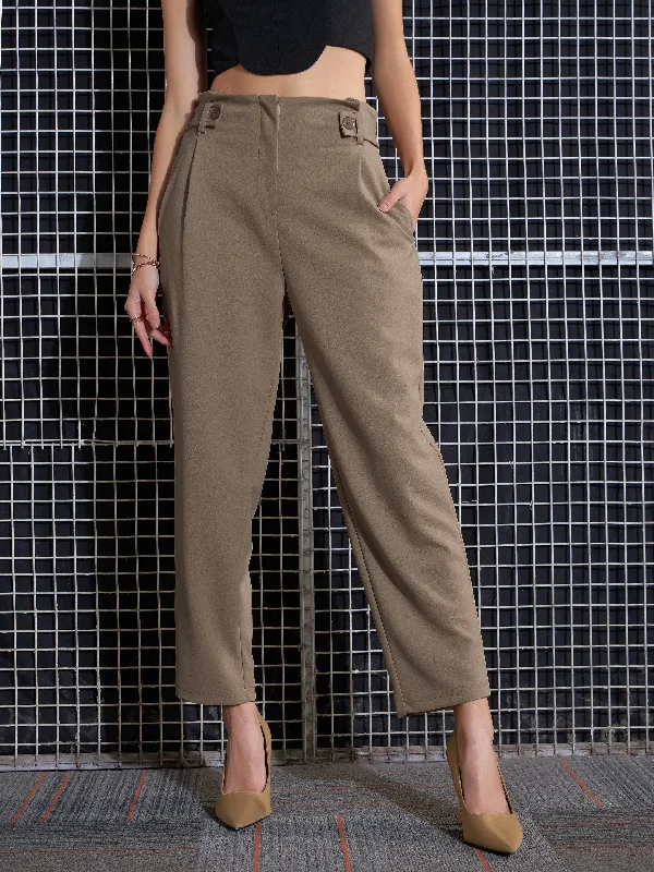 Women Beige Front Button Paperback Waist Pants