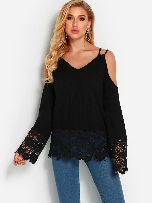 Custom Cold Shoulder Lace Long Sleeve Black Tops