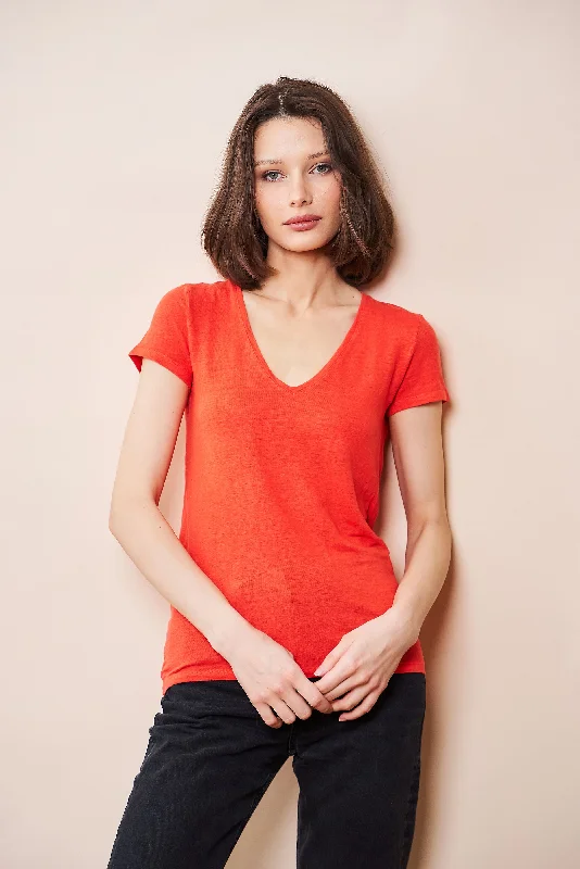 Majestic Stretch Linen Short Sleeve V-Neck in Orange