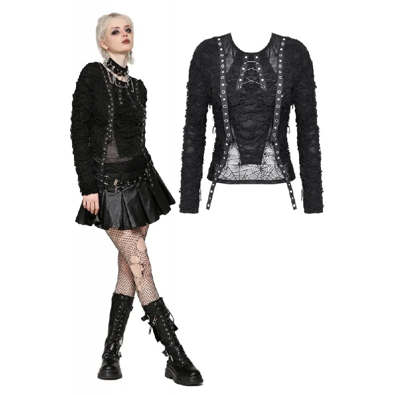 Women's Punk Mesh Eyelets Long Sleeved Blouse