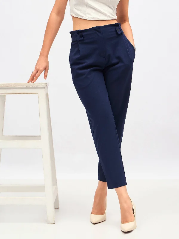 Women Navy Front Button Paperback Waist Pants