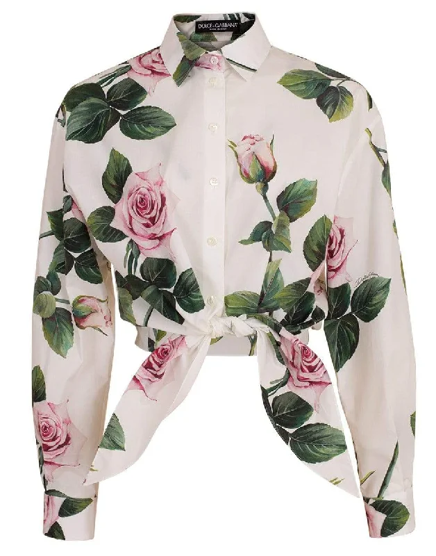 Tropical Rose Print Cropped Tie Blouse