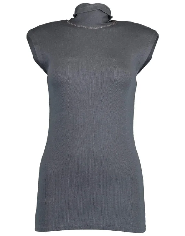 Sleeveless Ribbed Mock Neck Tank with Monili