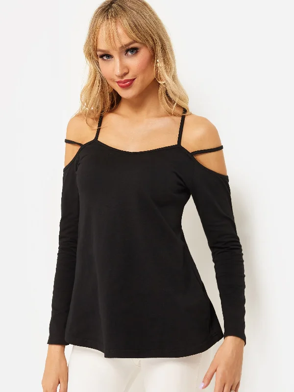 Custom Cold Shoulder Plain Lace Lace-Up Long Sleeve Black T-Shirts